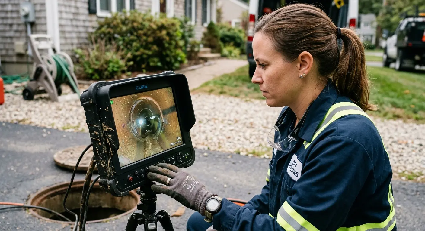 Technician reviewing sewer camera inspection footage in Fowler