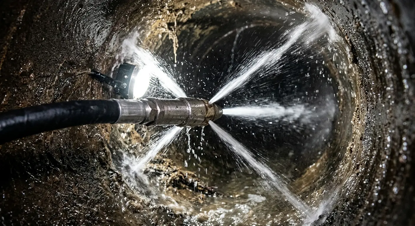 High-pressure hydro jetting nozzle cleaning sewer pipe for Sewer Cleanout in Fowler
