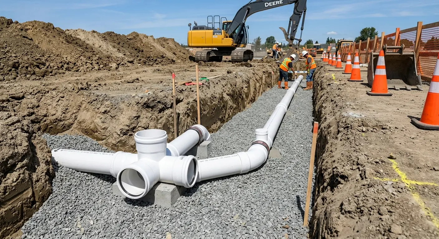 New PVC sewer pipe installation in open trench for Grease Trap Cleaning in Fowler