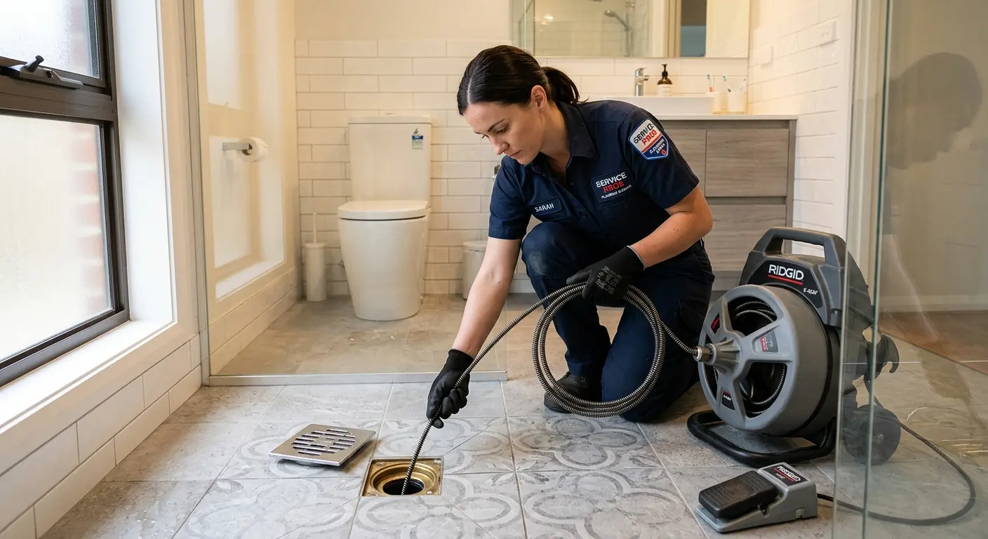 Technician clearing a bathroom floor drain for Sewer Line Replacement in Fowler